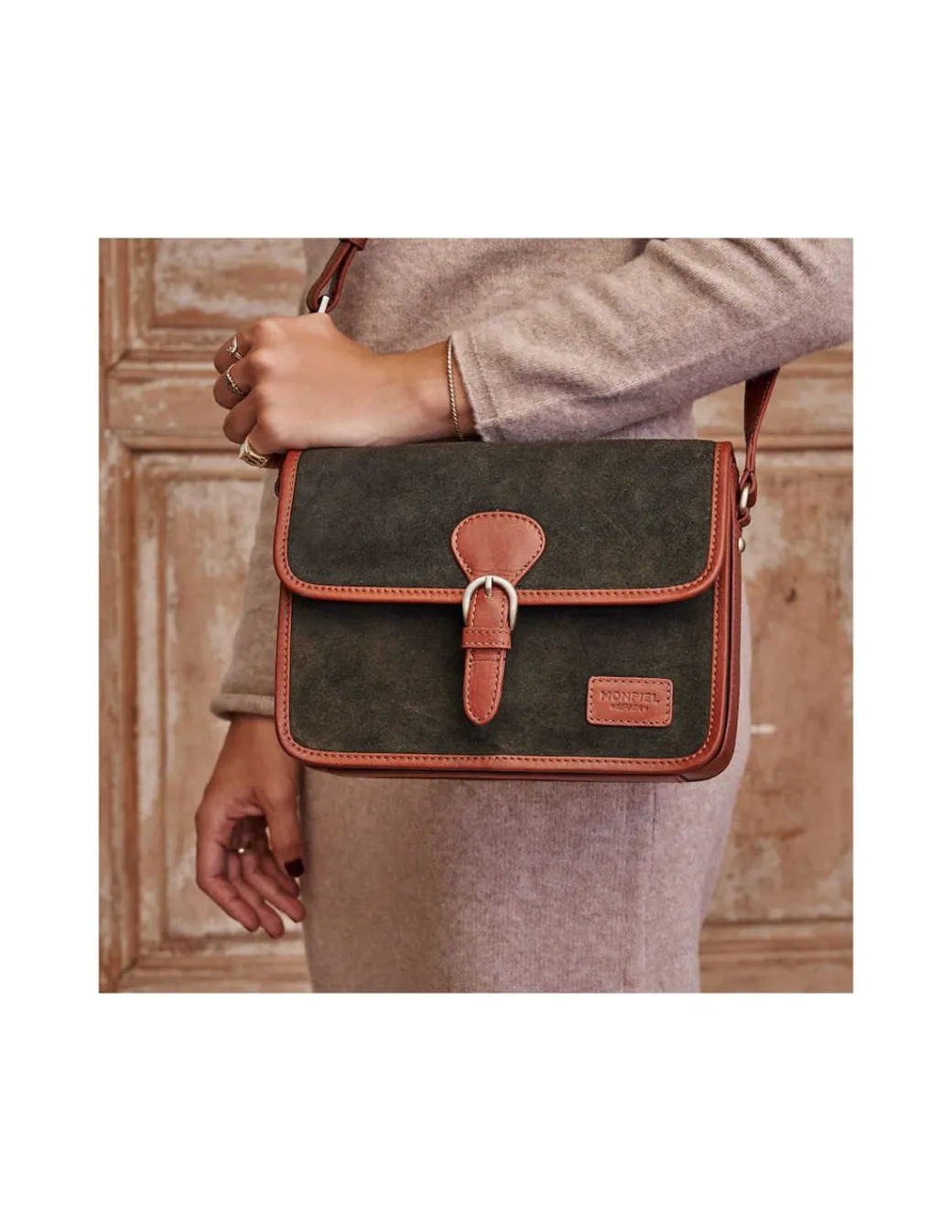 Women'S Leather Bag^MONPIEL Buckle Satchel Bag Green Suede