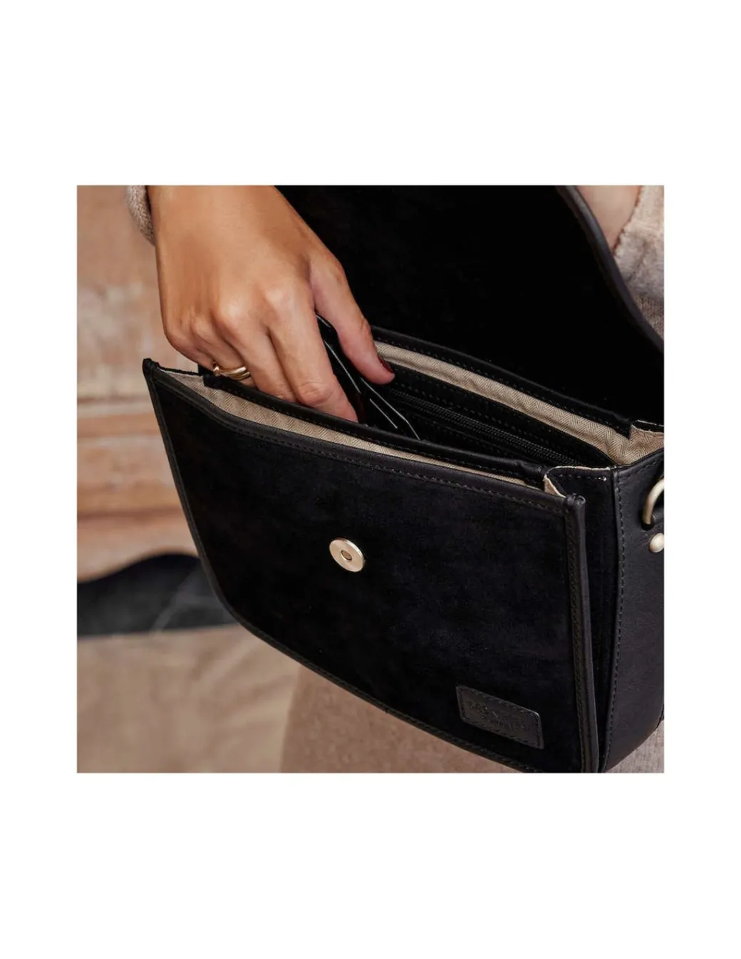 Women'S Leather Bag^MONPIEL Buckle Satchel Bag Black Suede