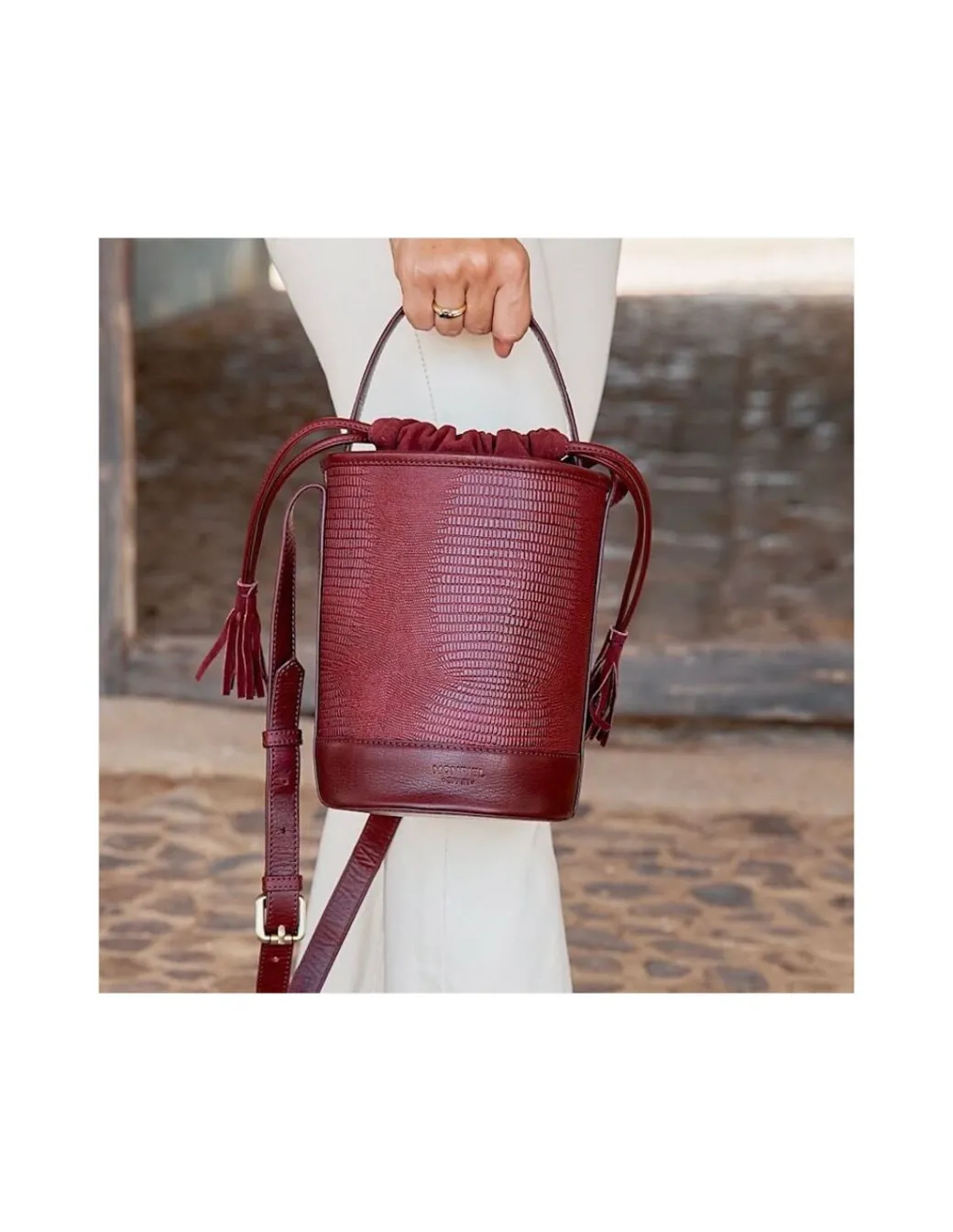 Women'S Leather Bag^MONPIEL Mini Bucket Round Bag Burgundy Snake