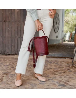 Women'S Leather Bag^MONPIEL Mini Bucket Round Bag Burgundy Snake