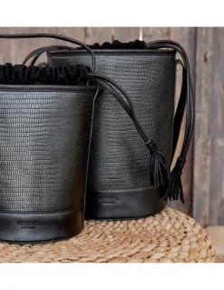 Women'S Leather Bag^MONPIEL Mini Bucket Round Bag Black Snake
