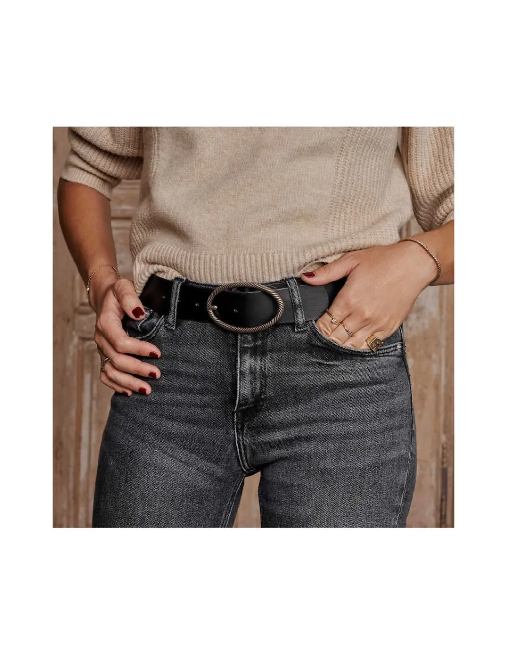 Women'S Leather Belts^MONPIEL Oval Buckle Belt Black