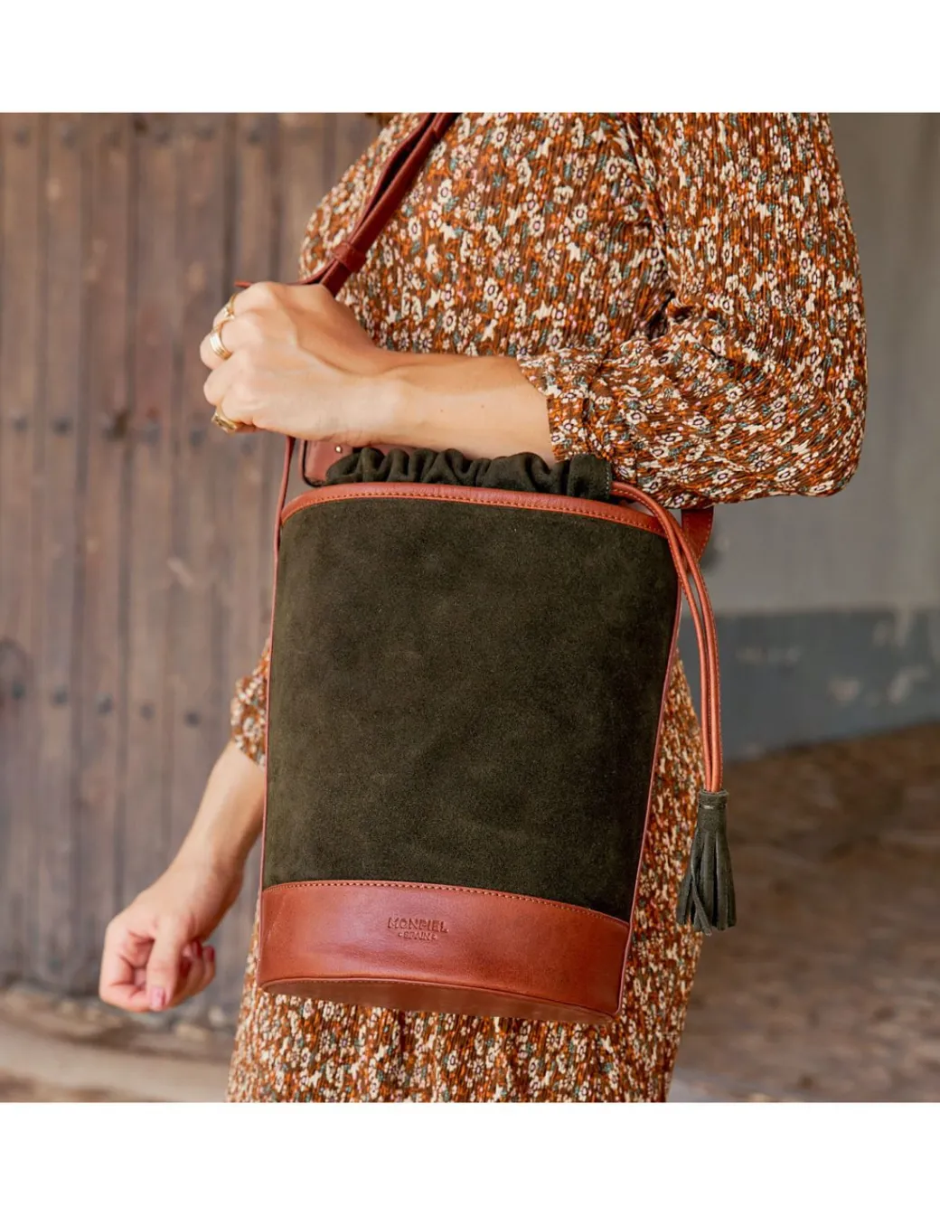 Women'S Leather Bag^MONPIEL Round Bucket Bag Green Suede