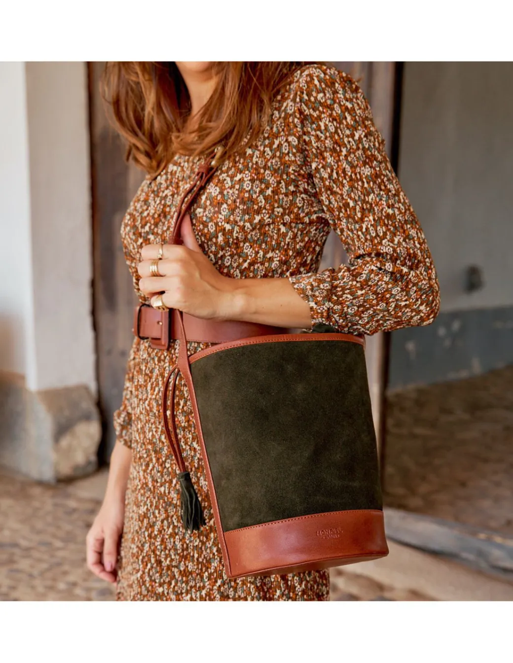Women'S Leather Bag^MONPIEL Round Bucket Bag Green Suede