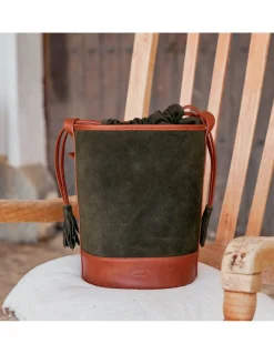 Women'S Leather Bag^MONPIEL Round Bucket Bag Green Suede