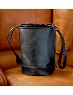Women'S Leather Bag^MONPIEL Round Bucket Bag Black Snake
