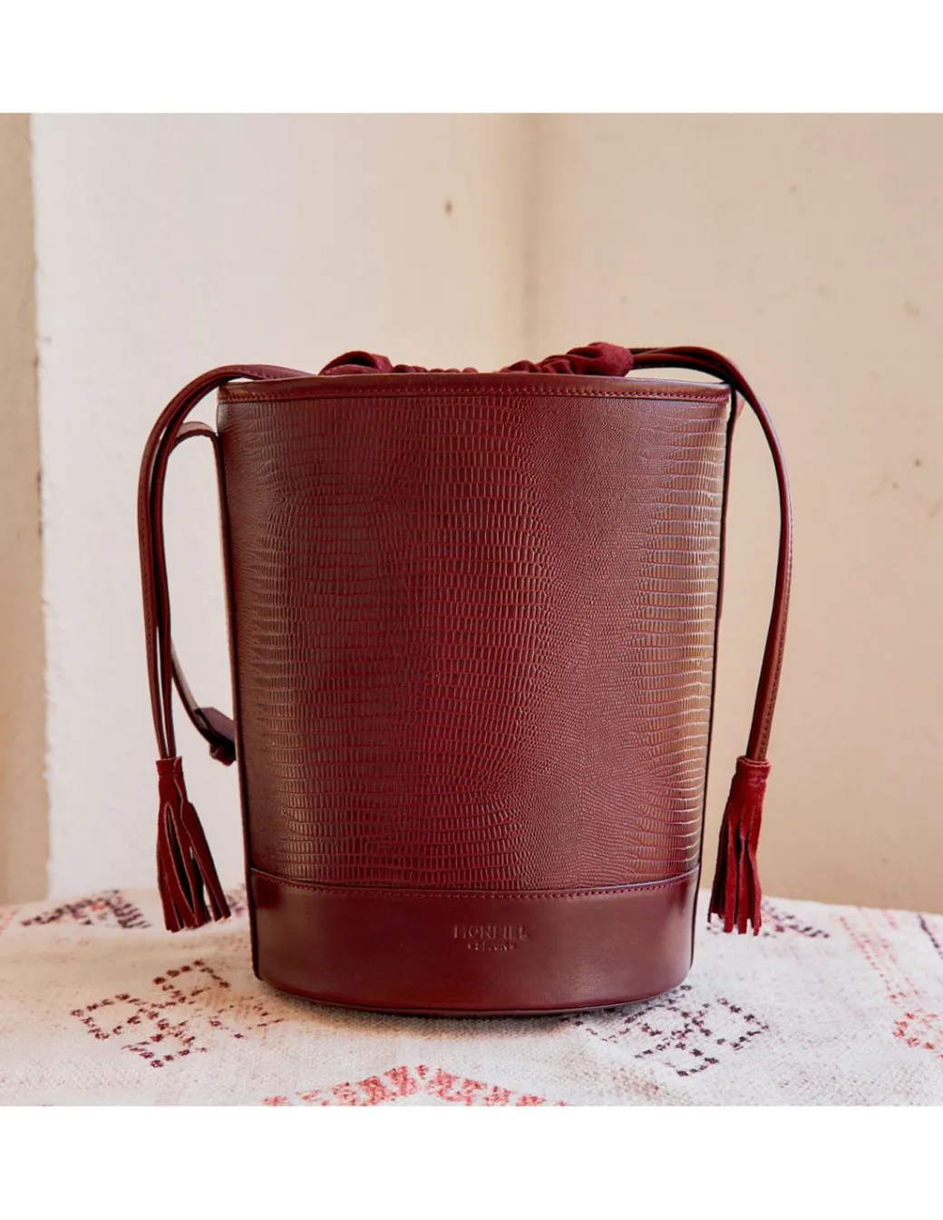 Women'S Leather Bag^MONPIEL Round Bucket Bag Burgundy Snake