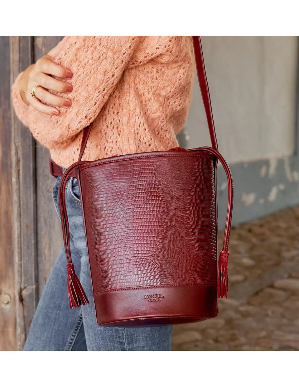 Women'S Leather Bag^MONPIEL Round Bucket Bag Burgundy Snake