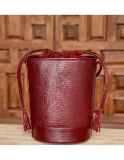 Women'S Leather Bag^MONPIEL Round Bucket Bag Burgundy Snake