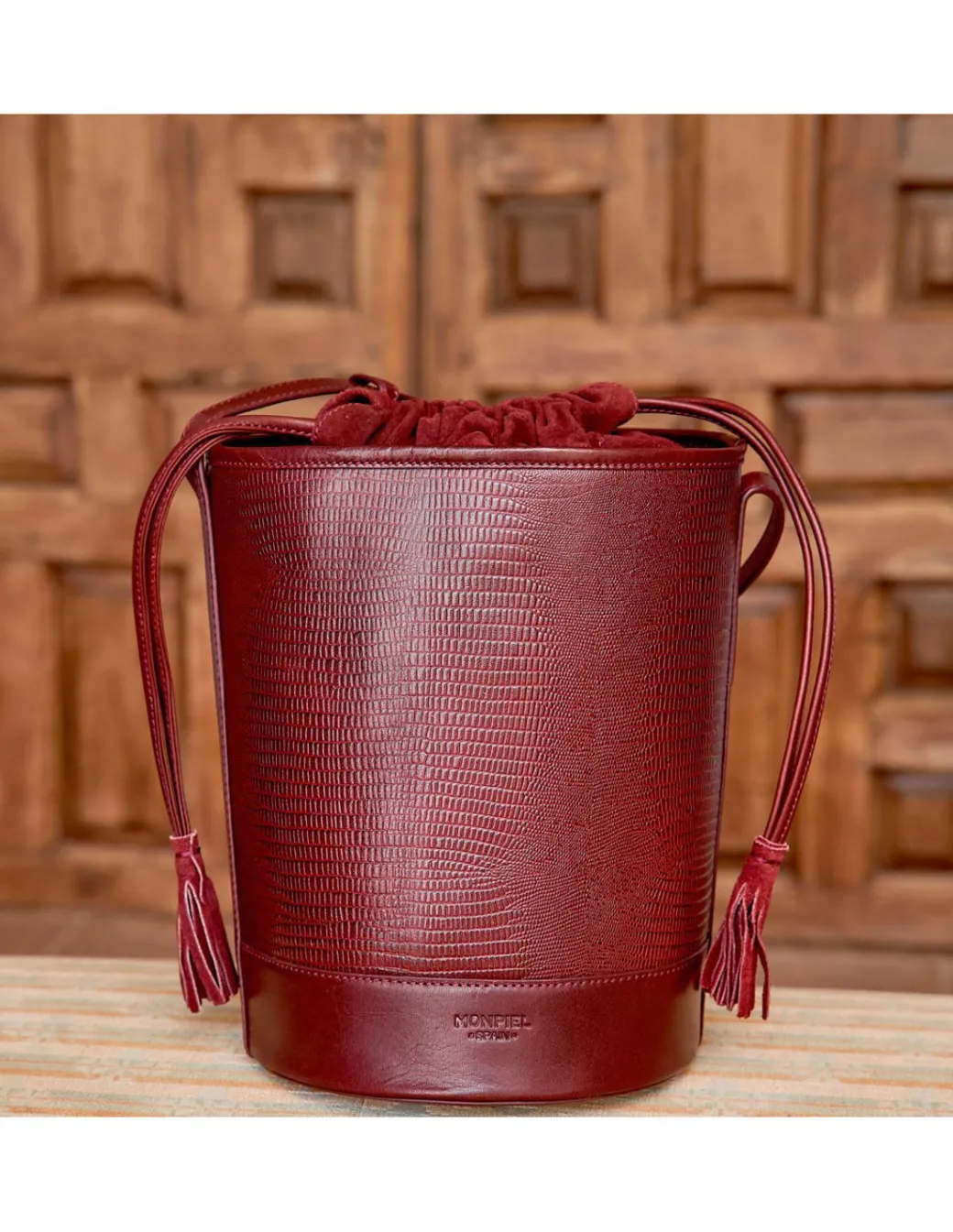 Women'S Leather Bag^MONPIEL Round Bucket Bag Burgundy Snake