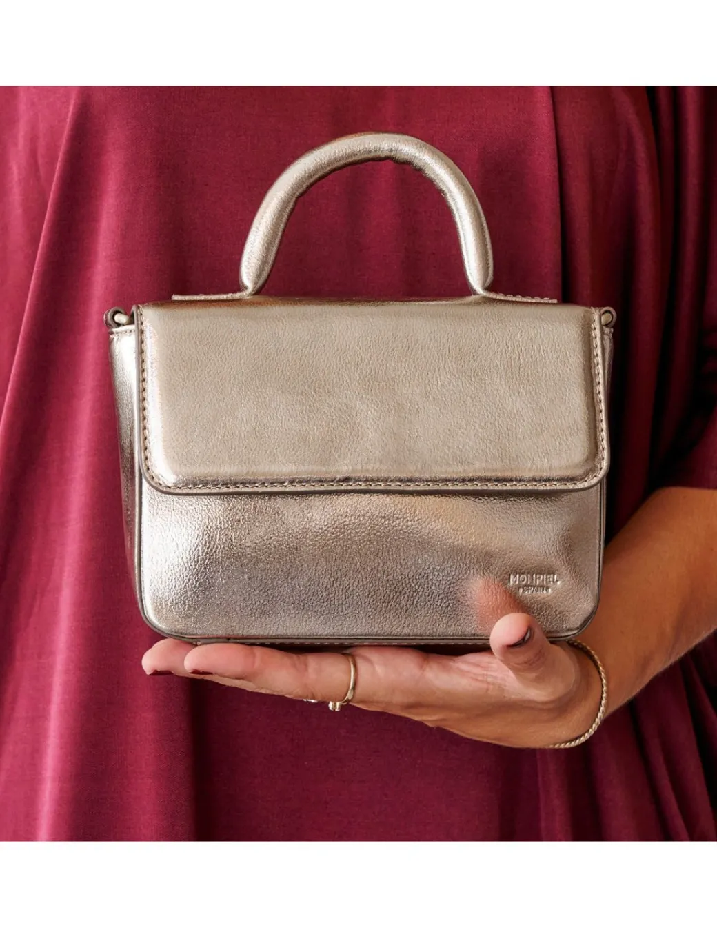 Women'S Leather Bag^MONPIEL Small Armored Leather Bag Champagne Metallic